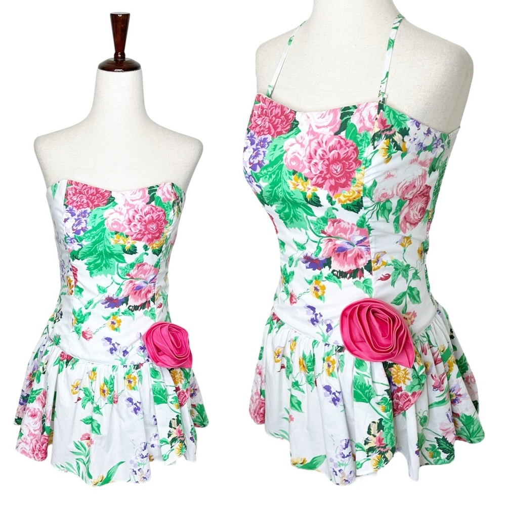 Vintage Floral Rosette Sweetheart Neckline Micro Mini Dress Removable Straps